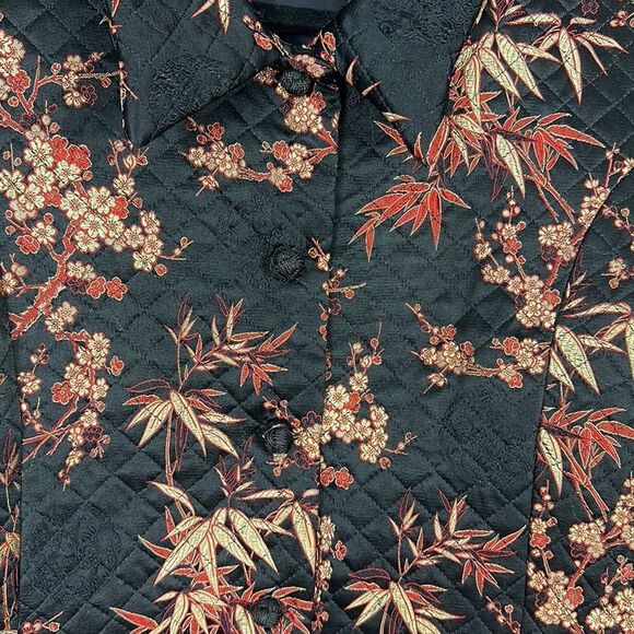 Kaktus Silk Black Floral Embroidery Quilted Button Front Jacket Size XL - Picture 2 of 10